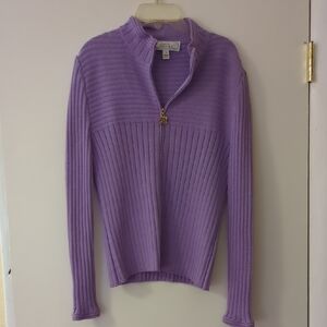 St. John Purple Cardigan with Ribbed Knit and Relaxed Fit